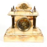 A large early 20th century veined alabaster architectural 8-day mantel clock, case width 34cm,