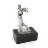 A Vintage chrome plated figural golfing motorcar mascot, by Desmo, on black marble base, overall