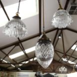 Vintage cut-glass and brass pendant light fitting, 2 hanging moulded glass light shades with