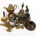 Various brass and copper, including Chinese teapot, Eastern bell etc