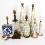 Various table lamps, including porcelain and glass, largest height 42cm (7)