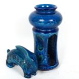 ALDO LONDI for BITOSSI - a mid-century Italian Rimini blue glaze pottery candle holder, and rabbit