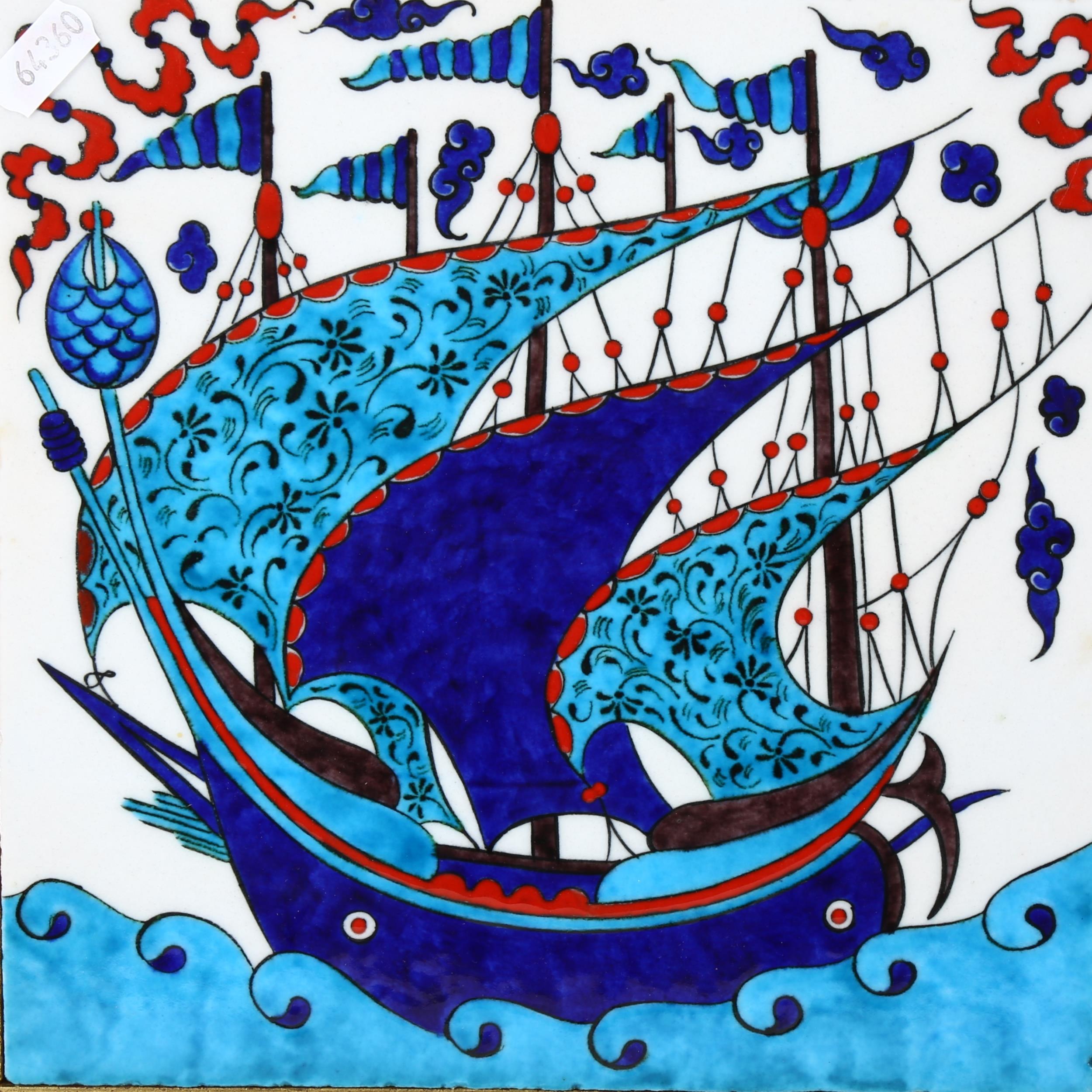 An enamelled tile depicting a sailing ship at sea, framed, height 39cm