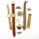 A gilded guard chain, a ball-shaped photo locket, wristwatches to include Tissot Seastar etc