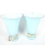 A pair of blue glass table lamps, height 38cm