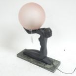 An Art Deco style resin figural dancer table lamp, on speckled marble base, width 28cm, with pink
