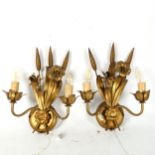 A pair of gilt-brass floral twin-branch wall lights, height 36cm
