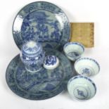 Blue and white plates, tea bowls, ginger jar, and a boxed Chinese jar