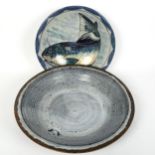 A Highland stoneware pottery fish bowl, and a large marbled glaze pottery bowl, signed, diameter