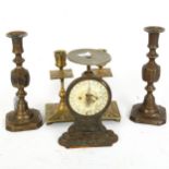 Salter's letter balance no. 11 scales, and 2 pairs of brass candlesticks