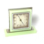A small Art Deco jadeite and chrome mantel clock, height 12cm