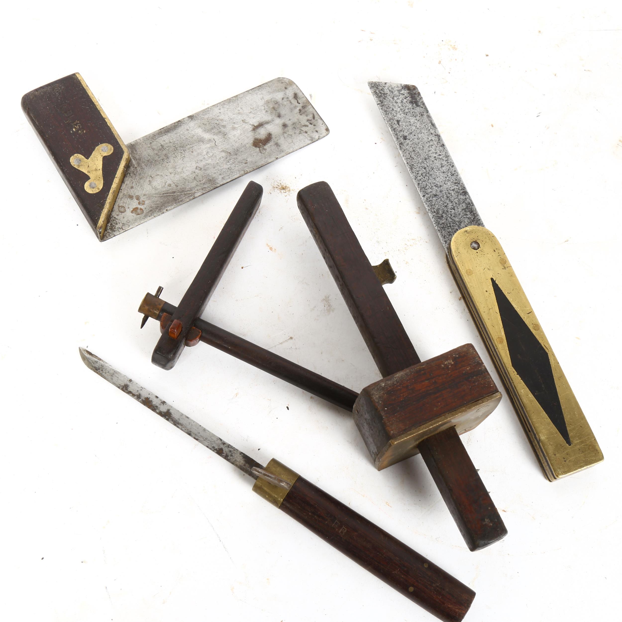 A group of Antique rosewood and brass tools, including set square, mortice gauge etc - Image 2 of 2