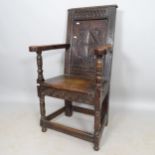 A 18/19th Century carved and panelled oak Wainscott Hall chair