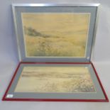 Cynthia Ball, pair of watercolour panoramic scenes, both framed