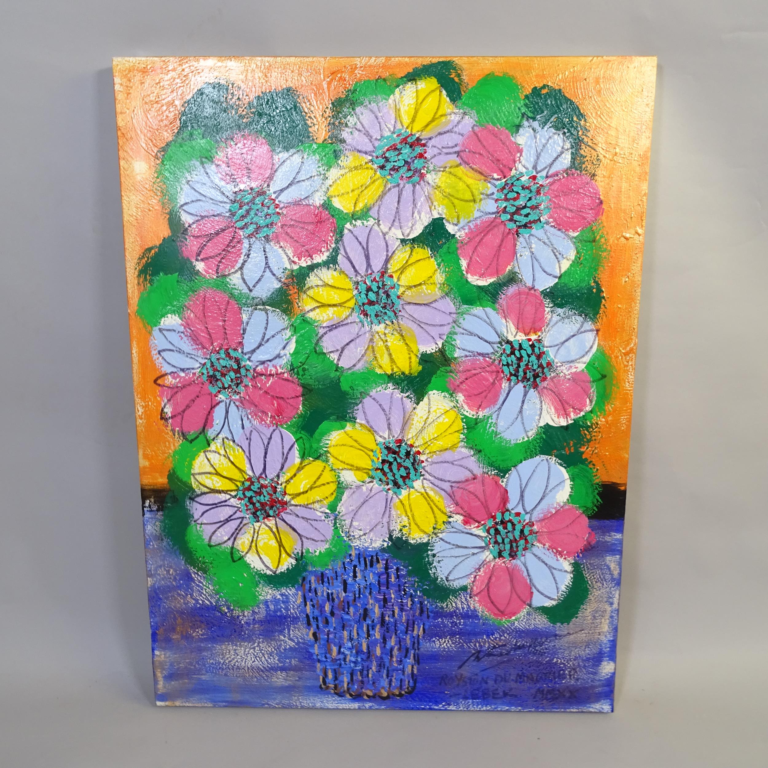 Royston Du Maurier Lebek, oil on canvas "fleurs du monde", 100cm x 75cm, unframed