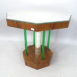 An Art Deco side/lamp table, with mirrored octagonal top, and central column flanked by green lucite