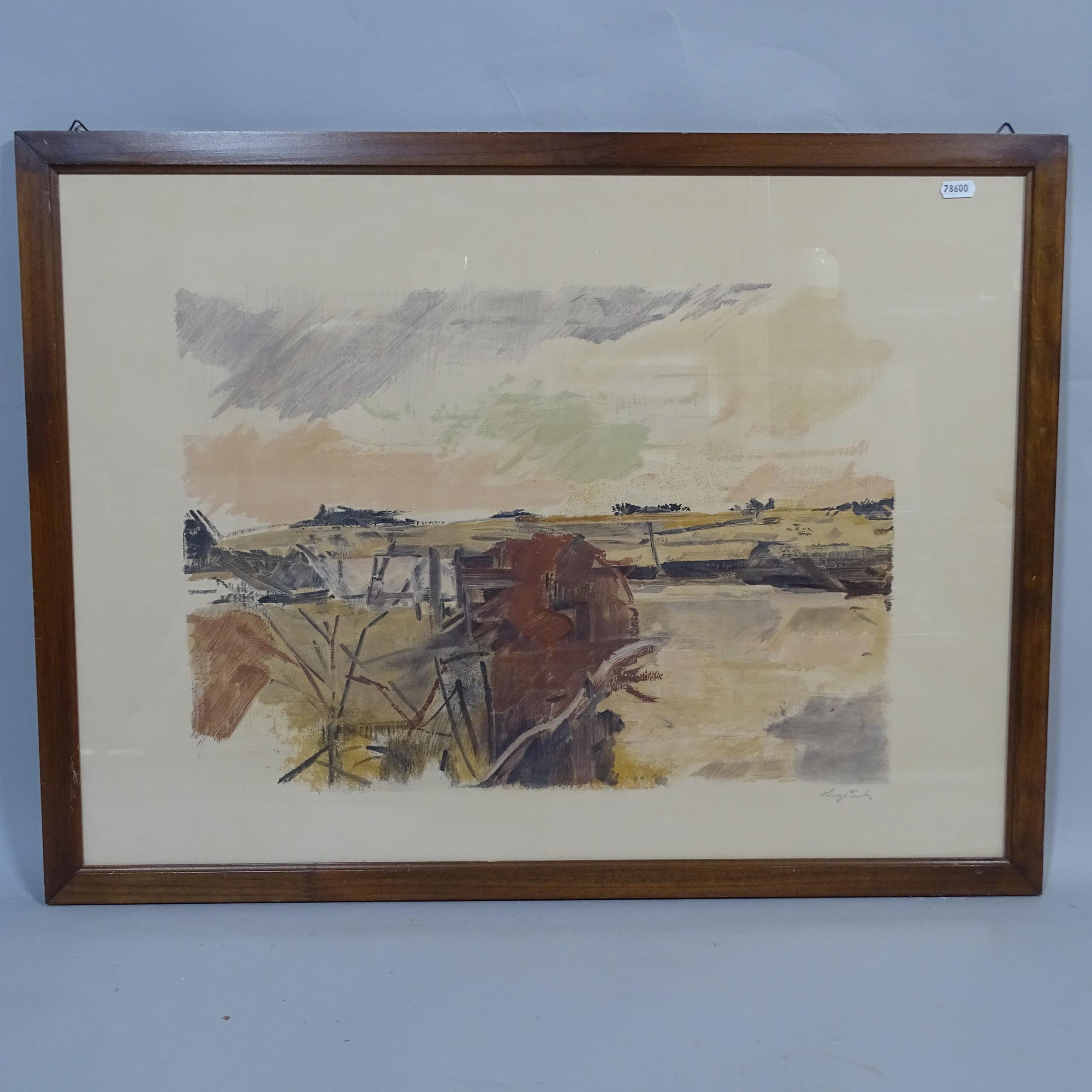 Watercolour, Continental harbour scene, and 2 other lithographs, all framed (3) - Image 2 of 2