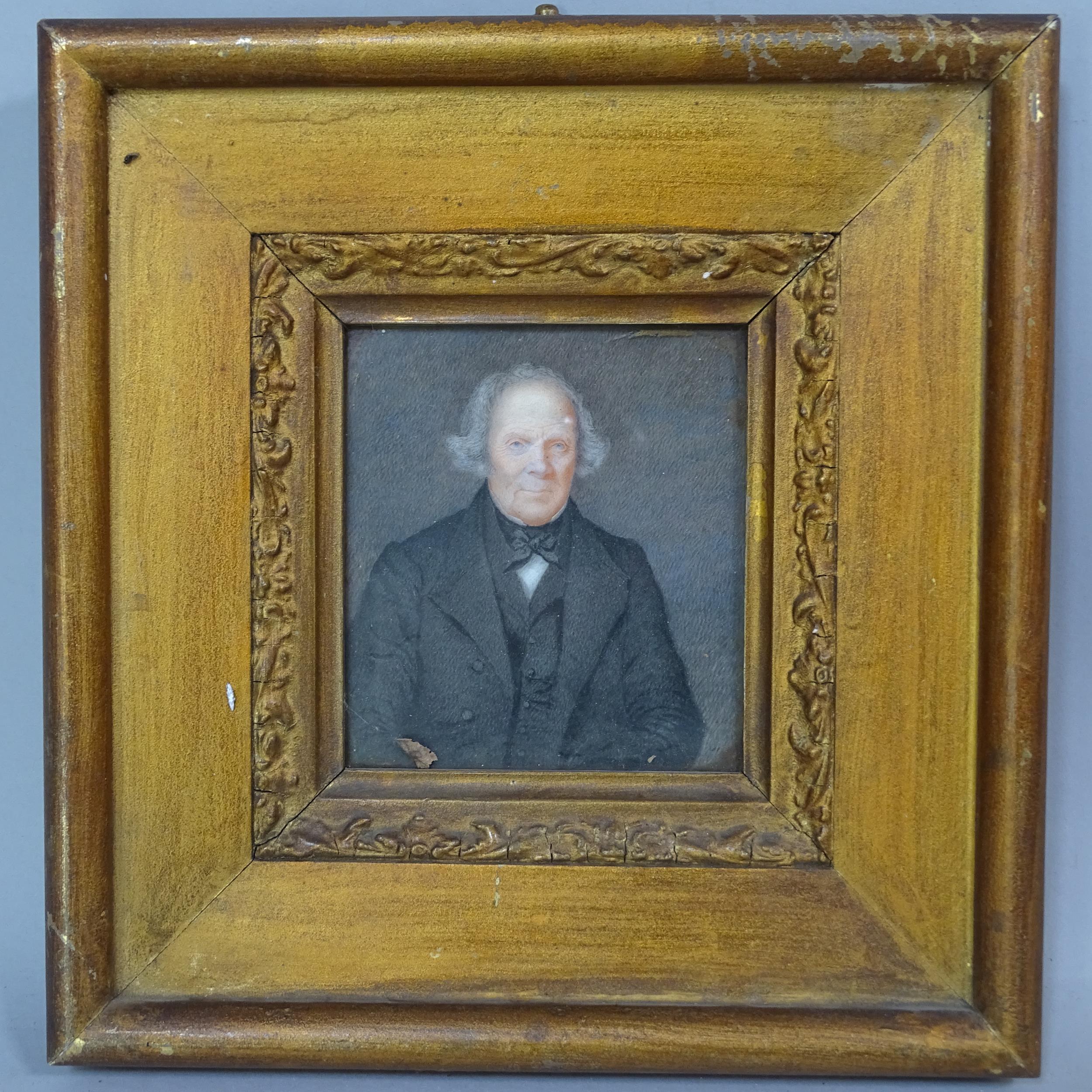 19th century watercolour on marble, portrait of a gentleman, indistinctly inscribed verso,