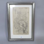 Pencil drawing, "alleyway", signed with monogram FB, image 32cm x 19cm, framed