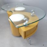 A modernist veneered glass-top coffee table of shaped form, with 2 stools, table length 118cm x 46cm