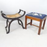 An ebonised X-framed stool with cane seat, and a 1930s upholstered stool (2)