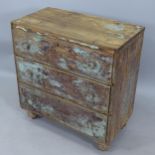 An Antique distressed pine chest of 3 drawers, on bun feet, 80cm x 85cm x 42cm