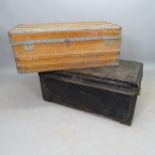 An Antique metal-bound camphor wood trunk, 90cm x 35cm x 50cm, and a black leather-covered and