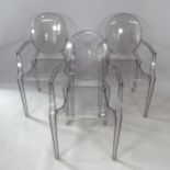 A set of 3 Louis Ghost stacking chairs, by Philip Starck for Kartell Mouled maker's mark reads: '