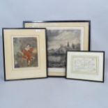 19th century monochrome etching, river view, Goffy, a coloured engraving with blind stamp, and