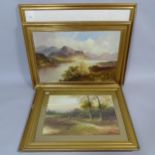 A pair of oils on board, panoramic landscapes with figures, oil on board, mountain view, and
