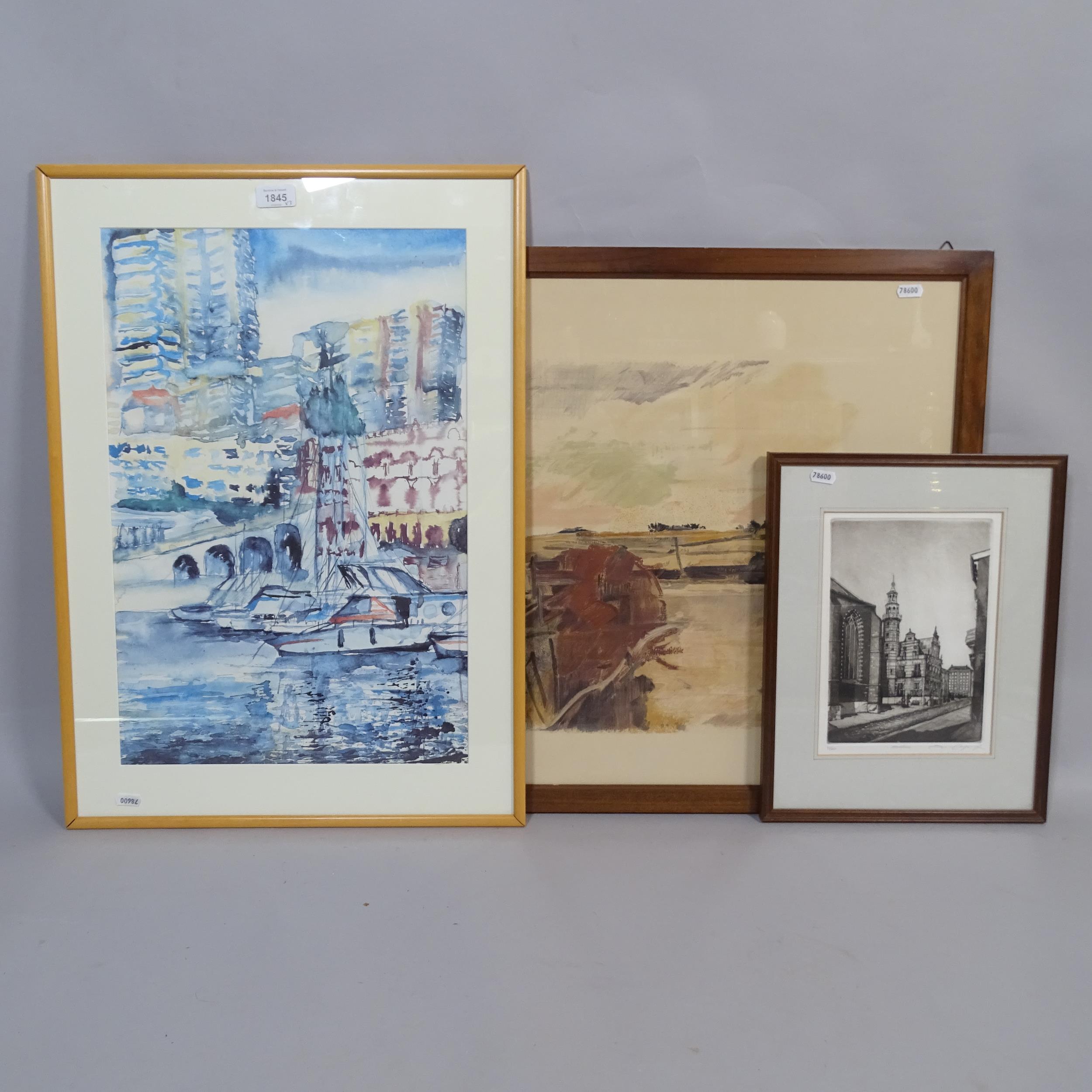 Watercolour, Continental harbour scene, and 2 other lithographs, all framed (3)