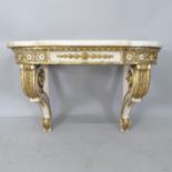 An Antique Neo-Classical console table, with a shaped white and grey veined marble top, on a painted