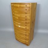 A modern mahogany bow-front collector's chest of 15 drawers, 46cm x 98cm x 35cm