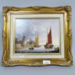 Bernard Page, oil on board, sailing ships at harbour, 32cm x 37cm, gilt-framed