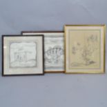 3 mid-century charcoal drawings, all indistinctly signed, framed