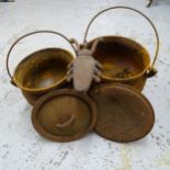 2 cast-iron cauldrons/Dutch ovens, largest 25cm x 25cm, and a cast-iron beetle garden ornament