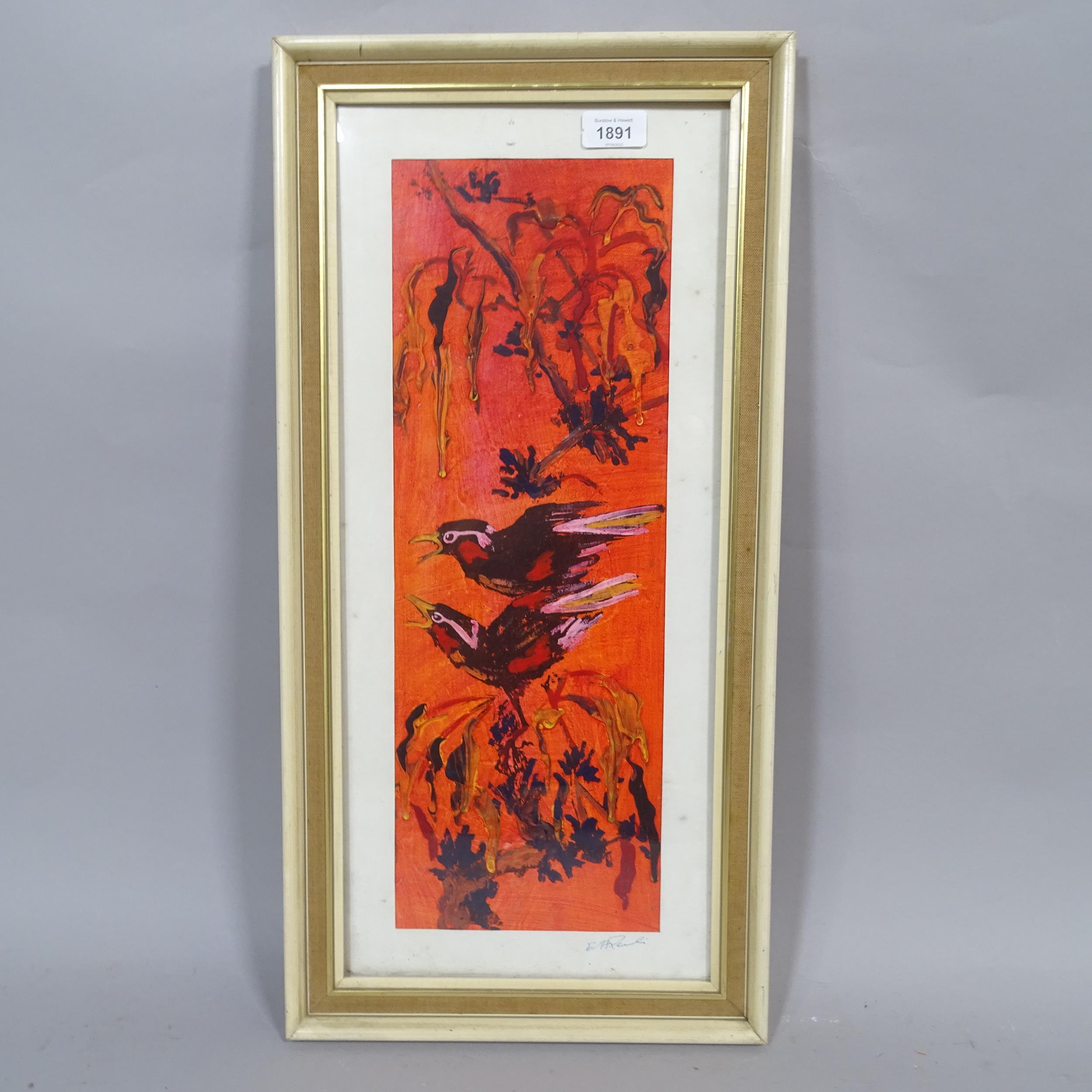 Mixed media on board, exotic birds, indistinctly signed, 49cm x 17cm, framed Good condition