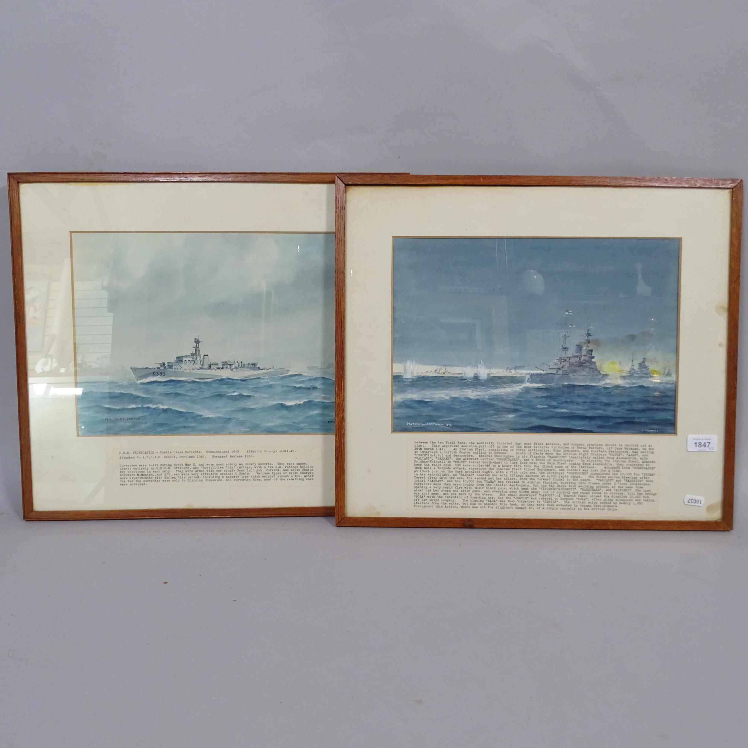 E Tufnell, pair of watercolours, HMS Flint Castle, and Matapan, 45cm x 52cm, both framed with script