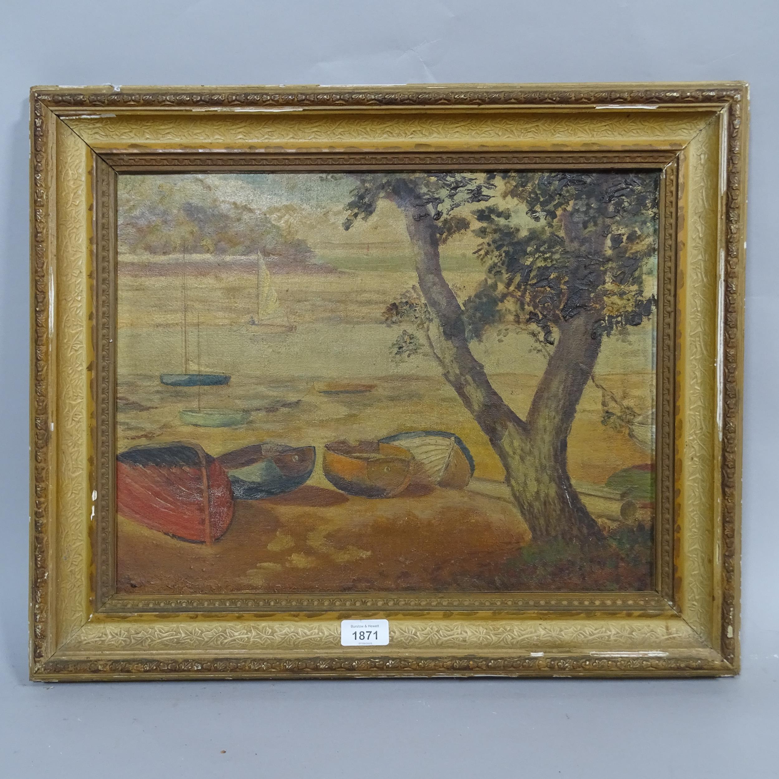 Early to mid-20th century oil on board, boats on the estuary, unsigned, 35cm x 44cm, framed