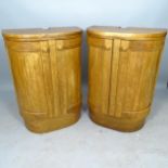 A pair of mid-century teak bow-front 2-door cabinets, 66cm x 92cm x 38cm