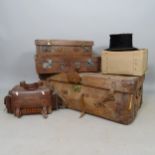 An Antique leather trunk, 2 leather suitcases, cartridge bag, and top hat (A/F) (5)