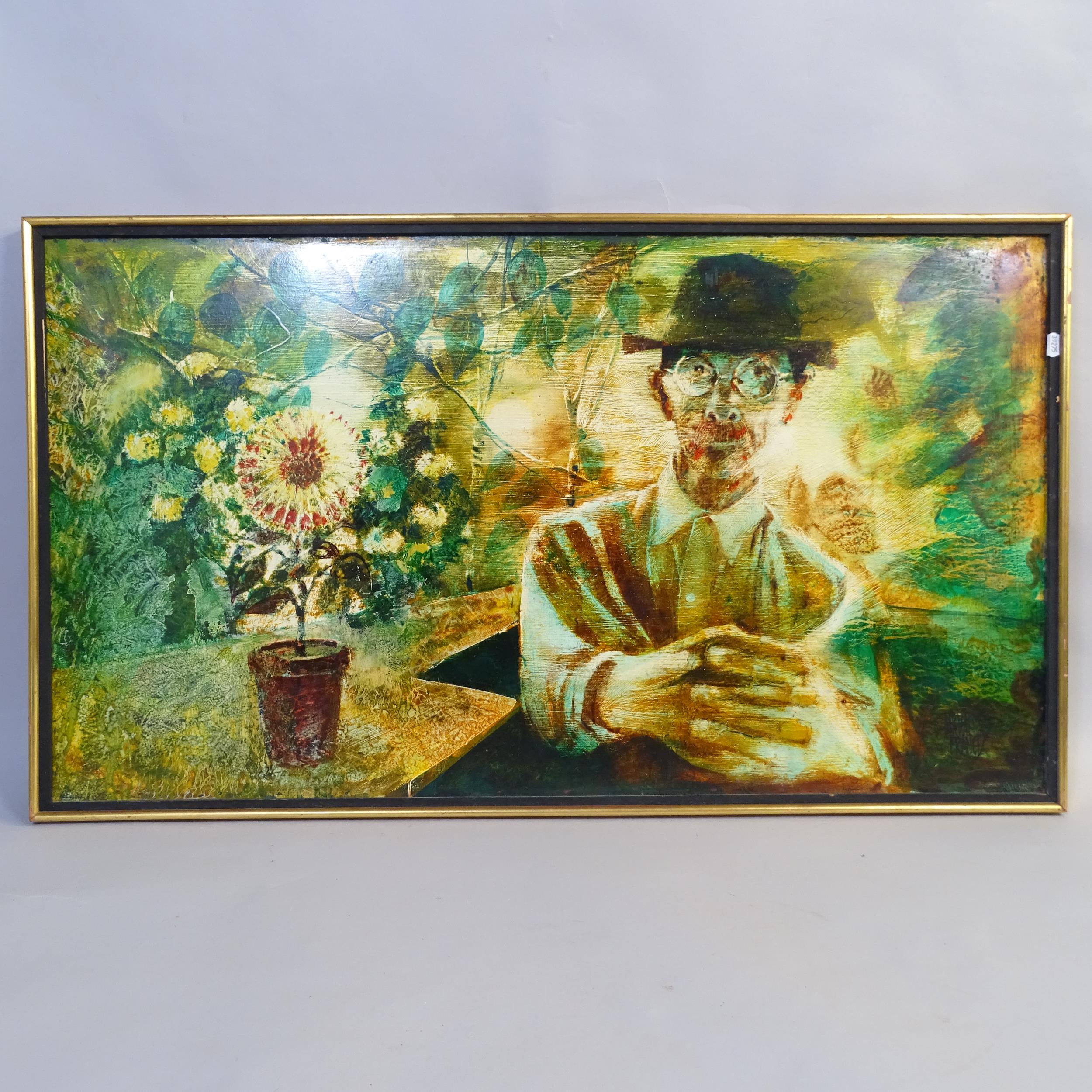 Michael E Francis, oleograph on board, The Gardener, 64cm x 110cm overall, gilt-framed