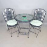 A modern glass-top circular bistro garden table, with 2 folding chairs, 60cm x 70cm