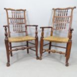 A pair of Lancashire spindle-back rush-seated elbow chairs