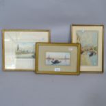 Umberto Ongania, watercolour, Venetian gondola, and 2 other watercolours, Venetian scenes, all