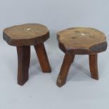 2 similar oak tripod stools, tallest 34cm