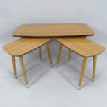 A mid-century style nest of 3 teak occasional tables, largest 90cm x 46cm x 44cm