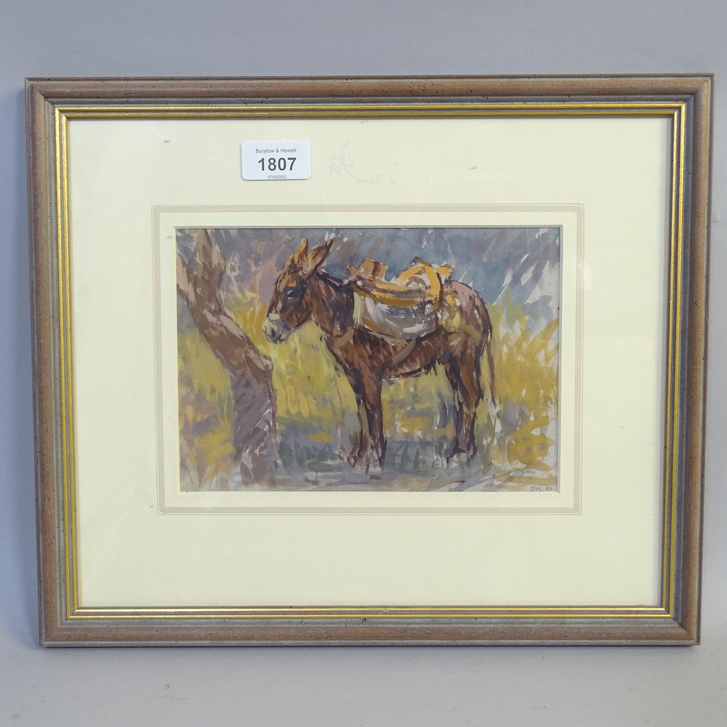 John Martin ARBA, watercolour, donkey in Siphnos Greece, signed with monogram, 15cm x 21cm, framed