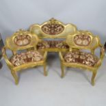 An Antique gilt painted 3-piece salon suite, comprising settee and 2 armchairs, settee length 126cm