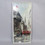 W Bird, mid-20th century oil on board, London street scene, signed, 90cm x 40cm, framed Good